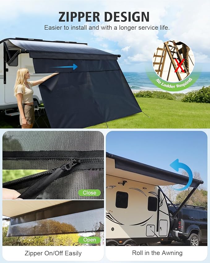 Dulepax RV Awning Shade Screen with Zipper 8'X11'3'' -Second Generation RV Awning Screen Significantly Improves Shadew and Privacy.Universal RV Awning Sun Shade Screen with Complete Kits
