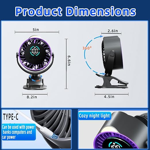 2026 Upgrade Portable Car Fan,Clip‑on/Hang/Stand 3D Circulating Air Car Cooler with LED Display,USB Rechargeable Quiet Vehicle Fan for SUV Truck RV,Ideal Summer Gift for Drivers