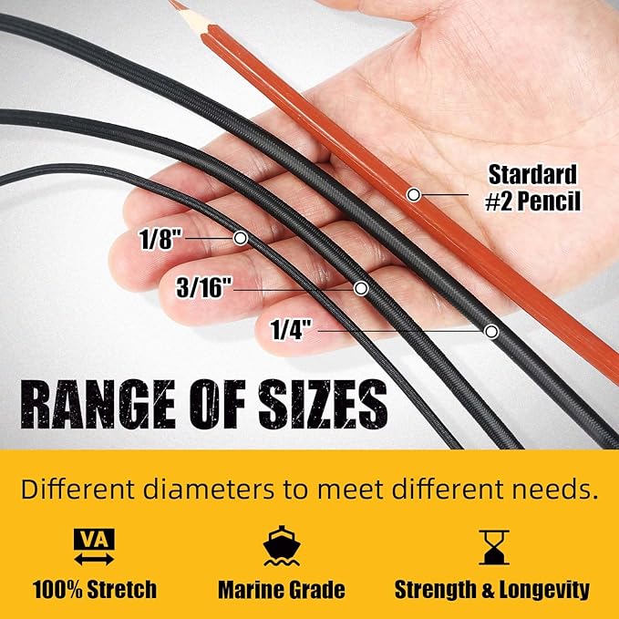 Marine Grade Bungee Cords Heavy Duty Outdoor - 1/8" x 100ft Bungee Cord Roll - 100% Stretch Elastic Cord and Absorbent Bungee Shock Cord for Kayak Deck, Camping, Crafting