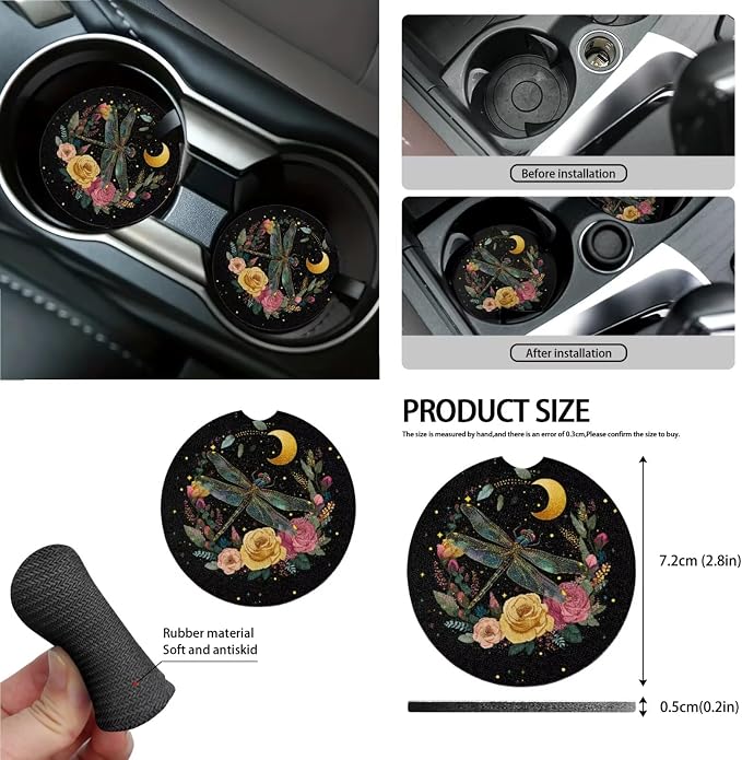 Dragonfly Roses Floral Moon Print Car Seat Cover Sets Steering Wheel & Seat Belt Cover Trash Bin Air Vent Storage Box Front Rear View Mirror Cup Holder Keychain 15Pcs Car Accessories