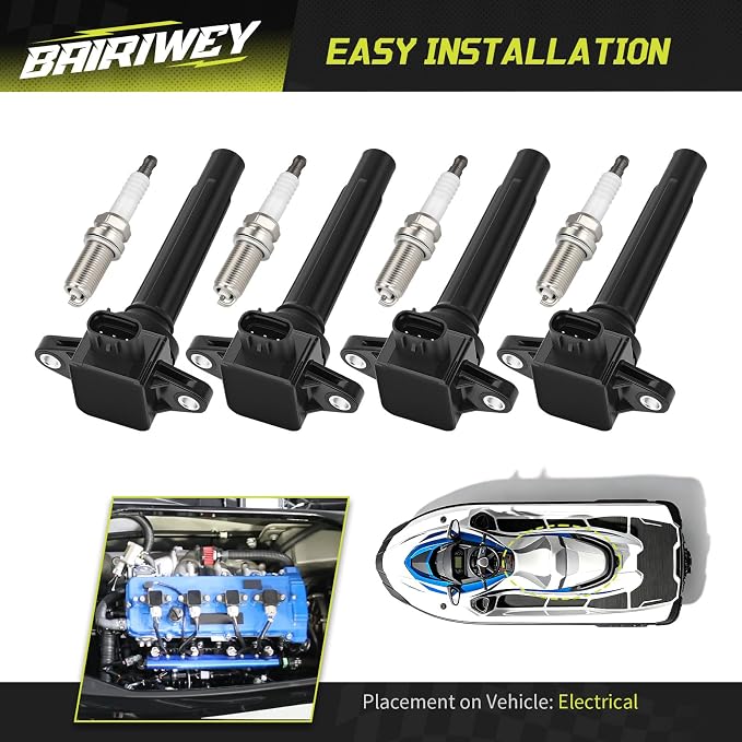 4Pcs Ignition Stick Coils with Spark Plug Compatible with Yamaha TX1800 RX1800 SXT1800 XAT1800 BXT1800 FB1800 FC1800 GX1800 FX1800 2008-2023 6S5-82310-02-00