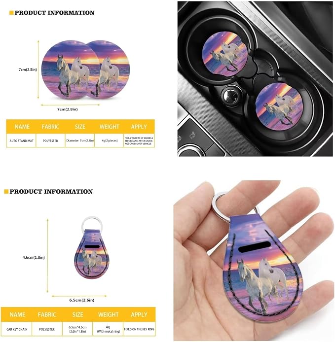 Suobstales Beach Horse Car Seat Covers for Women Animal Print Car Accessories with Steering Wheel Cover, Universal Seat Belt Pads, Cup Coaster, Keychain Full Set Interior Cover for Trucks SUV Van
