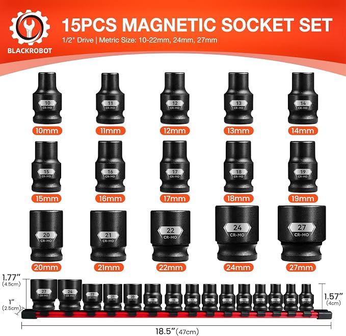BLACKROBOT 1/2" Drive Magnetic Impact Socket Set, 15-Piece Shallow Socket Set with Storage Rail, Metric Size (10-22mm, 24mm, 27mm), 6-Point Magnetic Sockets, Cr-Mo Steel