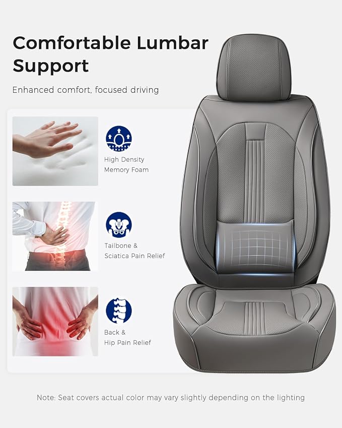 Huidasource Gray Front Seat Covers, Nappa Leather Front Car Seat Covers with Lumbar Support, Ventilation Holes, Elastic Fabric, Airbag, Full-Coverage Seat Covers, Fit for Most Cars SUV Trucks, Gray
