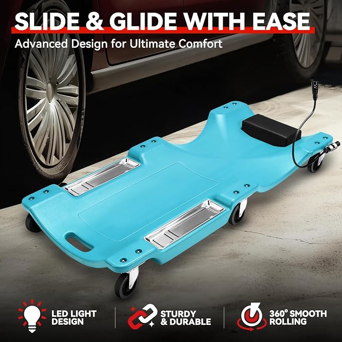 Auto Dynasty 40 Inches Mechanic Creeper, Automotive Garage Repair Low Profile Under Car Rolling Creeper with LED Light and Padded Headrest, Plastic, Sky Blue