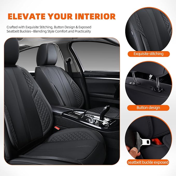 5-Seater Car Seat Covers Full Set Waterproof and Breathable Nappa Leather, Fit for Front and Rear Seats of Cars, Compatible with Airbags, Car Seat Protector Covers for Most Cars - Pure Black