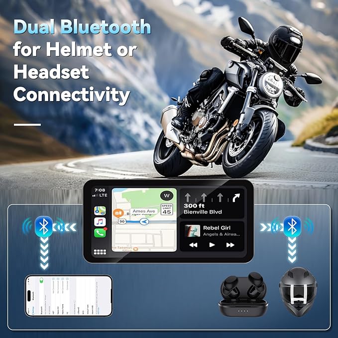 Motorcycle CarPlay Screen with Wireless Apple CarPlay Android Auto,6.25 Inch Waterproof Touch Screen, GPS Navigation for Motorbike Supports GPS Navigation/Mirror Link/Bluetooth Transmission