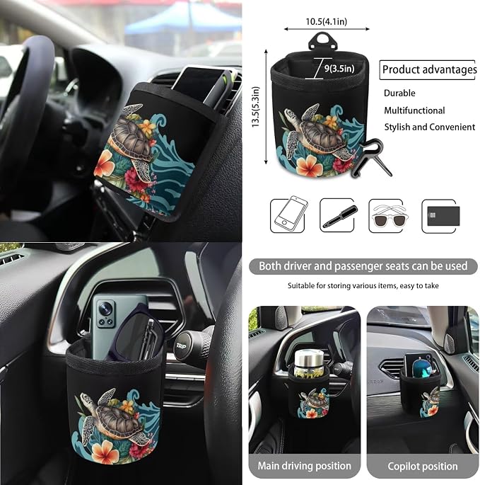 Sea Turtle Plumeria Pattern Auto Interior with Full Set Car Seat Covers Steering Wheel Cover Keychain Trash Can Seat Belt Covers Air Vent Storage Pocket Cup Holders Mirror Covers