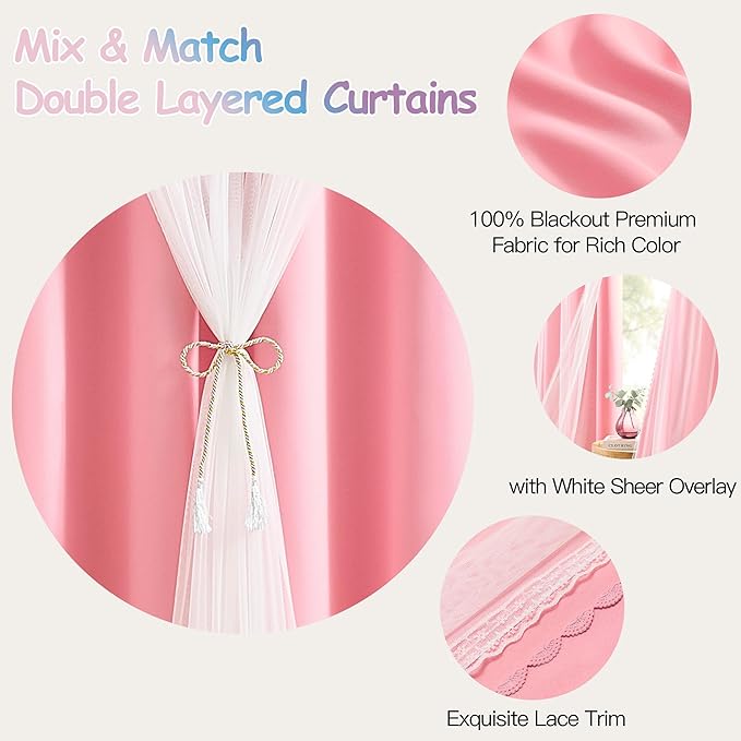 XiDi 100% Blackout Pink Girls Curtains for Bedroom 63 Inches Long 2 Panels Nursery Curtains with Sheer Overlay Kids Princess Room Decor Soundproof Light Blokc Grommet Window Drapes Pink 52W x 63L