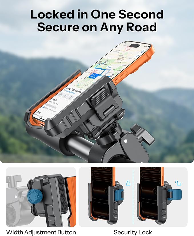 OMOTON BK01 Anti-Vibration Phone Mount, Quick Lock Shockproof Bike & Motorcycle Phone Holder, Fits iPhone & Android for Riders on E-Bike, Stroller, Scooter, Fits Handlebars & Rearview Mirror, Orange