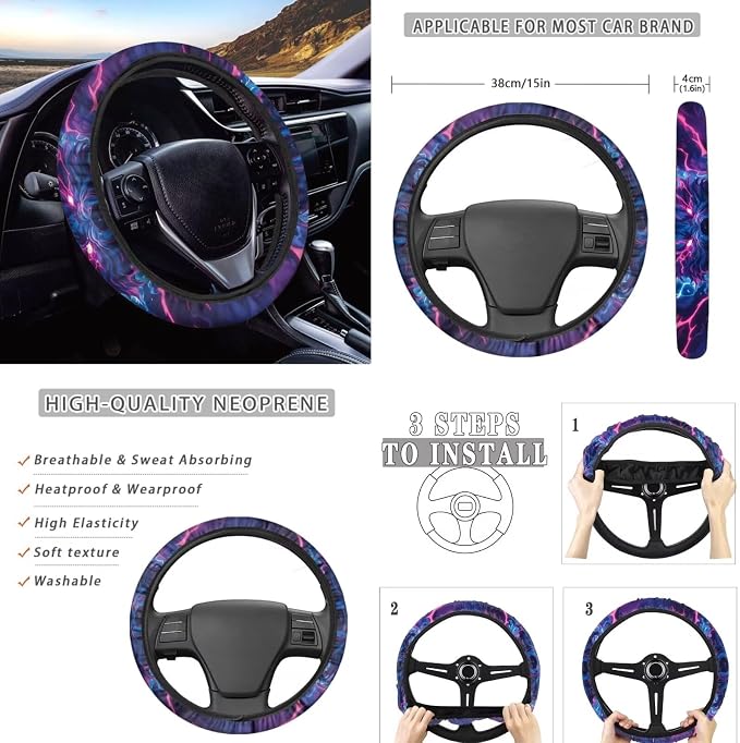 Cool Wolf Lightning Print Car Interior Accessories Set of 8, Car Seat Covers with Auto Steering Wheel Cover, Center Console Pad, Seat Belt Covers, Automotive Decorations