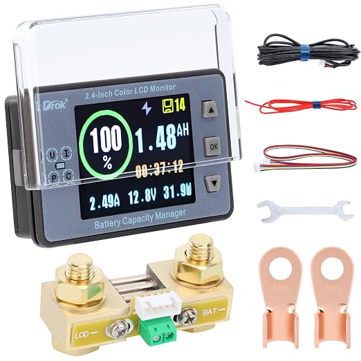 DROK Battery Monitor, DC 8-100V 300A Charge Discharge Split Type Coulometer 12V 24V 36V 48V 60V Coulometer Watt Meter, Capacity Percentage Time Power Voltmeter Ampmeter for RV Solar Panel Golf Cart