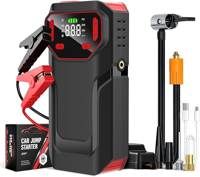 MT21 Jump Starter with Air Compressor,12V Battery Booster Pack(10L Gas/8L Diesel) with 5000A–Spark-Proof & Reverse Polarity Protected,150PSI Portable Jump Box & Tire Inflator with LED Light