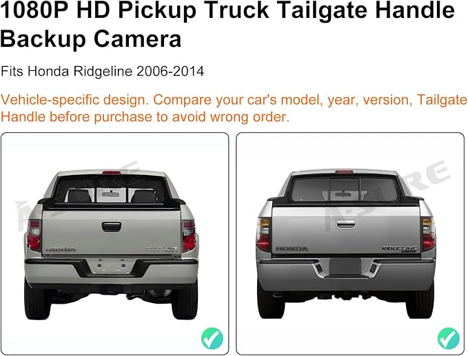ASURE Tailgate Handle with Backup Camera Replacement for Honda Ridgeline 2006-2014 1080P HD Rear View Camera Night Vision IP68 Waterproof Wide Angle Truck Reverse Camera