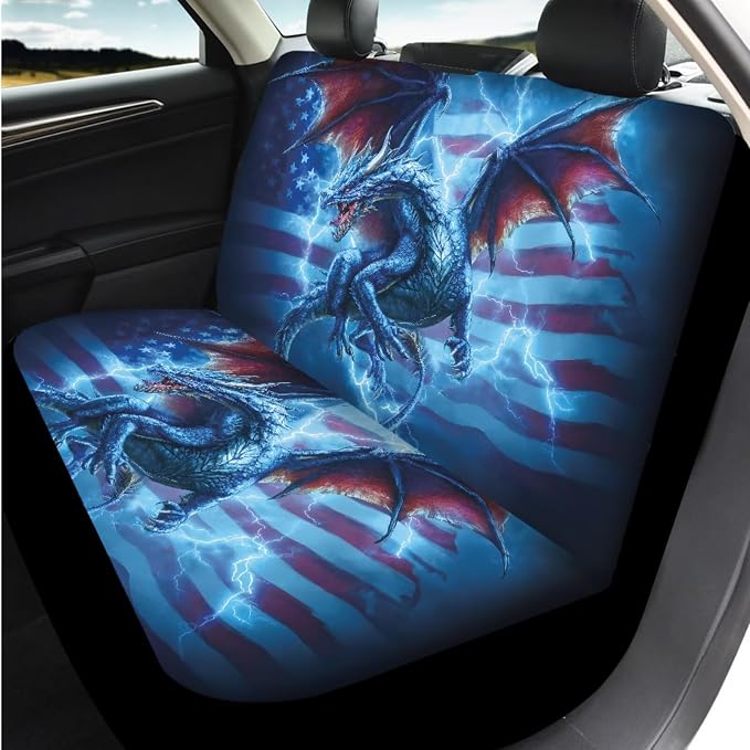 Bulopur Western Dragon Lightning Car Seat Covers Full Set with Matching Steering Wheel Cover American Flag Car Interior Decor Set for Truck Van Sedan Car Armrest Cover Seat Belt Covers Coasters