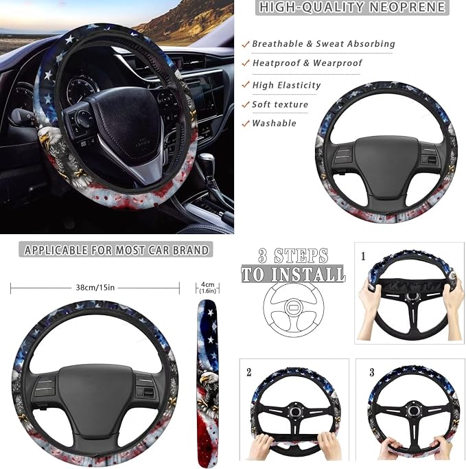 KEIAHUAN 11 Pcs Car Seat Covers Full Set for Men American Flag Bald Eagle with Handbrake and Gear Shift Knob Cover,Headrest Cover, Coasters,Non-Slip Car Steering Wheel Cover,Coasters