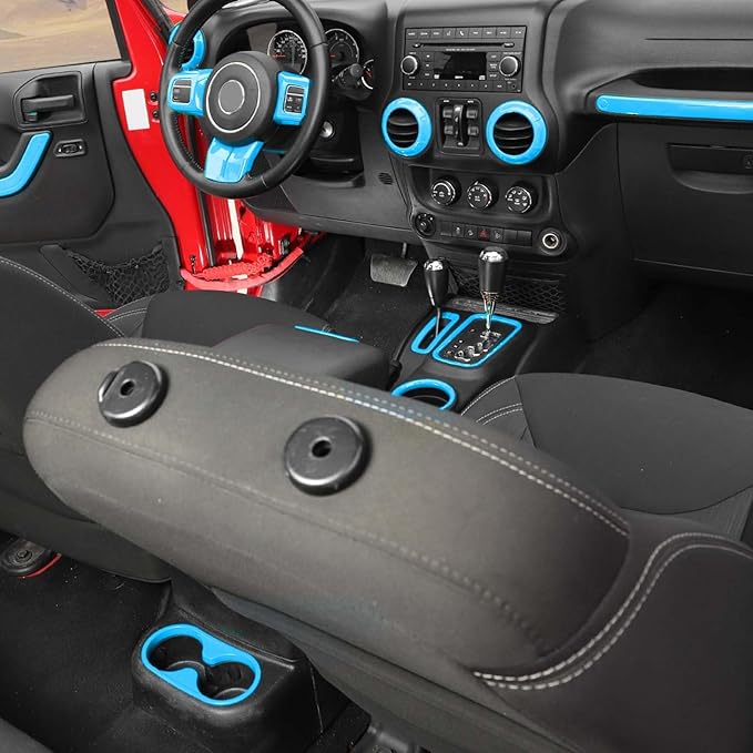 Hoolcar for Jeep Wrangler JK JKU 2011-2018 Interior Decoration Accessories Trim Kit Steering Wheel Cover Gear Shift Panel Trim Cover Water Cup Holder Cover, 4-Door, Light Blue