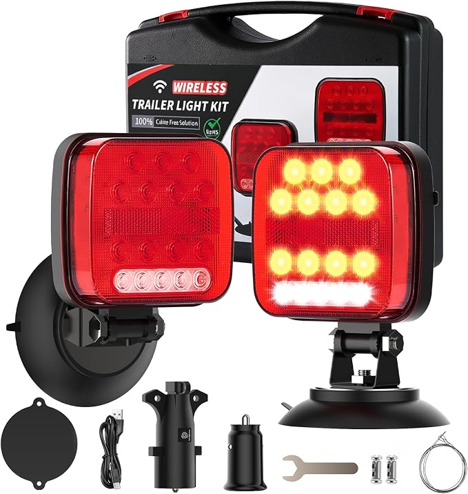 Wireless Trailer Lights Magnetic, Portable Rechargeable LED Towing Light Kit with 180° Adjustable Angle, IP67 Waterproof | Brake, Tail, Turn Signal, Reverse & Strobe Lights for Truck, RV, Camper, Boat