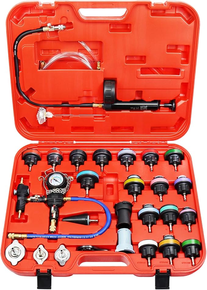 YSTOOL Radiator Pressure Tester Coolant Vacuum Refill Kit 28PCS Automotive Cooling System Leak Test Pneumatic Water Tank Purge Fill Tool Set with Gauge Adapter Cap Universal for Auto Car Airlift