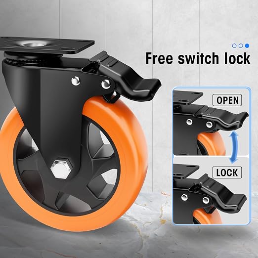 5" Swivel Plate Casters, 1400Lbs Capacity with Brake | Orange, 4-Pack, PU Wheels, Double Ball Bearings, Quiet & Non-Marking, for Workbenches