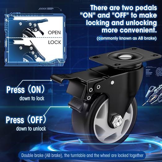 4" Heavy Duty Plate Casters, 1200 Lbs Dual Brake - Set of 4 | Black 360° Swivel Casters. Dual-Pedal Easy Lock/Unlock. Soft PU Wheels Won't Mark Floors. For Workbench, Furniture, Cart.