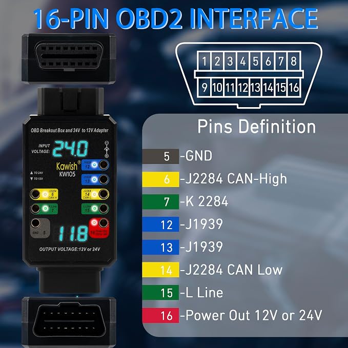 OBD2 Breakout Box, Auto OBDII Protocol Detector 16-Pin CAN Bus Test Breakout Box, 24V to 12V Heavy Duty Truck Adapter for Car ECU Tool Maintenance/Diagnosis/Programming/Coding