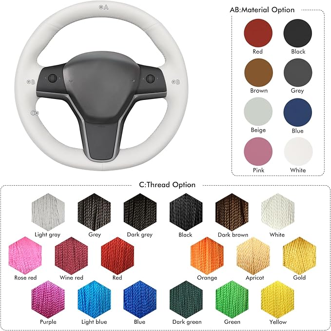 MEWANT Stitching White Faux Leather Steering Wheel Cover for Tesla Model Y Model 3 DIY Steering Wheel Wrap Accessory