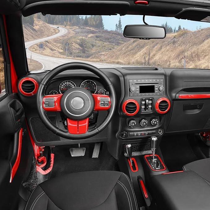 RAZPOY JK 18PCS Interior Trim Kit, Steering Wheel Trim & Gear Shift Cover Air Conditioning Vent Trim Compatible with 2011-2017 Jeep Wrangler JK 4-Door, Red