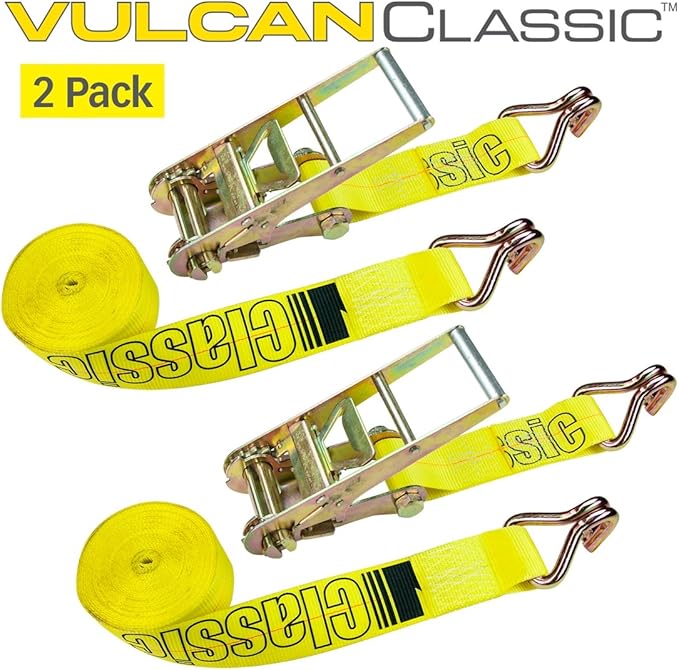 VULCAN Ratchet Strap with Wire Hooks - 3 Inch x 27 Foot - 2 Pack - Classic Yellow - 5,000 Pound Safe Working Load