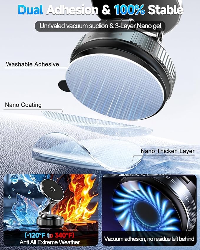 Car Phone Holder Upgraded Vacuum Magnetic Phone Holder for Car with N52 Magnet, Adjustable Suction Cup Phone Mount, Includes Metal Ring
