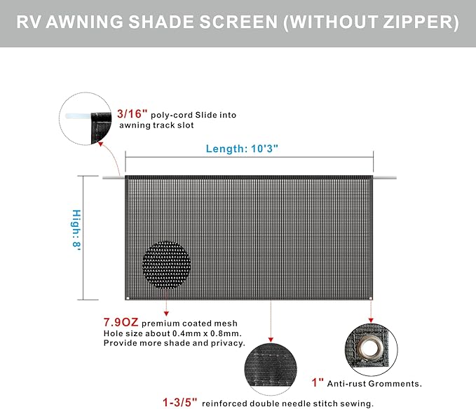RV Awning Shade Screen Without Zipper 8'x10'3'',Black Mesh RV Awning Sun Shade Screen,Universal Trailer Camper RV Awning Screen with Complete Kit,Significantly Improves Shadow and Privacy