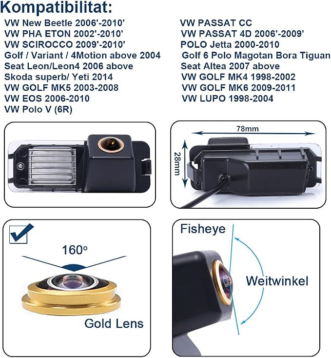 Fisheye 1280x720 Pixel car Backup Camera Reverse Parking Rear View Replacement for VW New Beetle Phaeton Scirocco Golf MK5 Seat Leon Skoda Superb Yeti Polo Passat Jetta Magotan Tiguan Altea Lupo