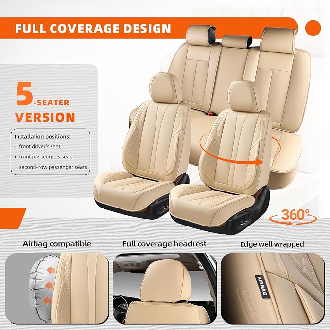 5-Seater Car Seat Covers Full Set Waterproof and Breathable Nappa Leather, Fit for Front and Rear Seats of Cars, Compatible with Airbags, Car Seat Protector Covers for Most Cars - Beige