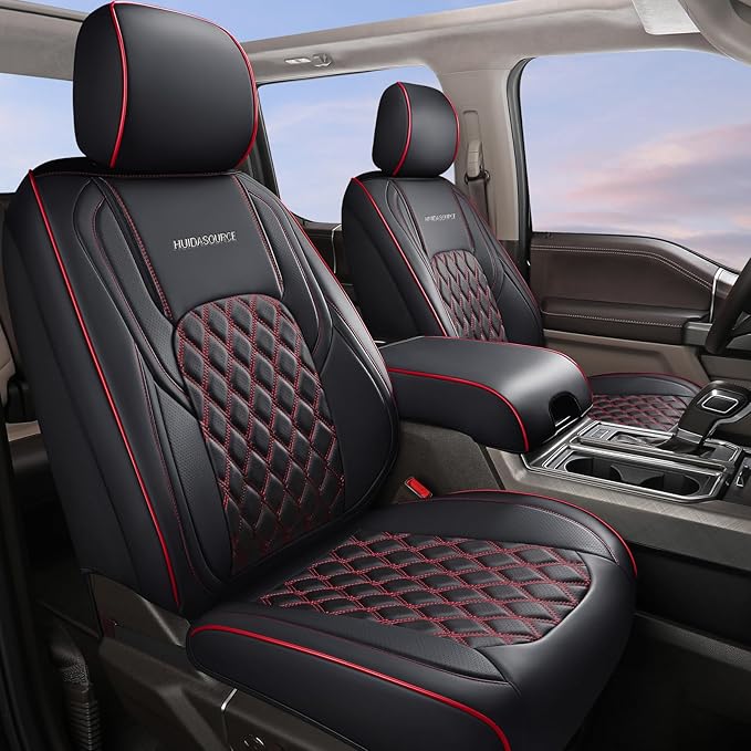 Huidasource Wrangler JK Seat Covers 2 Door Full Set, Front & Rear Full Coverage Leather Car Seat Cushion Protector Fit for Jeep Wrangler JK 2-Door Sahara Sport Rubicon 2007-2017(Full Set/Black&Red)