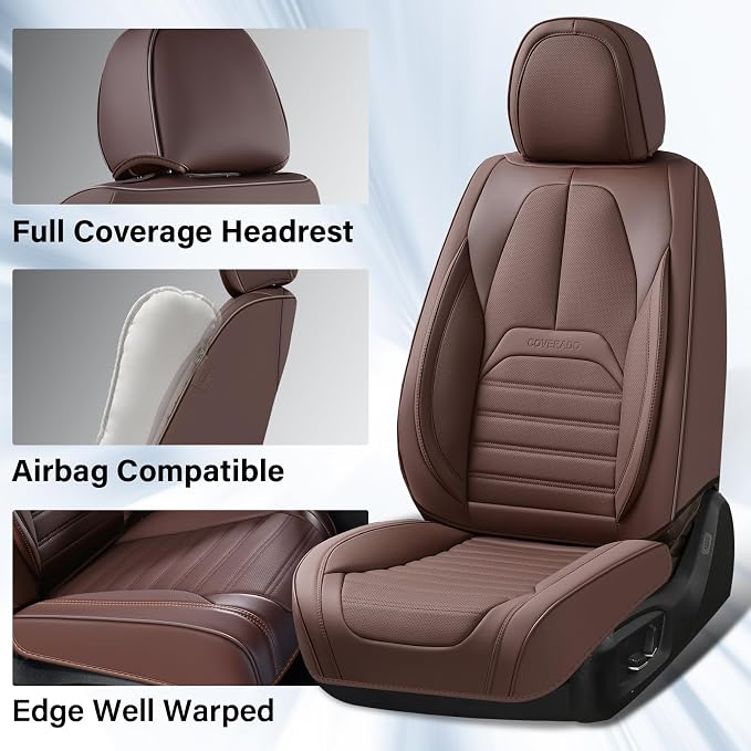 Coverado Seat Covers, Car Seat Covers Front Seats, Automotive Seat Covers, Waterproof Nappa Leather Car Seat Cover, Car Seat Cushion, Brown Seat Covers Carseat Cover Universal Fit for Most Cars