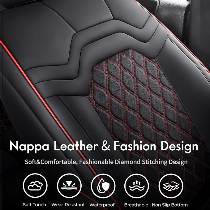 Huidasource Front Seat Covers for Jeep Wrangler JL 2018-2026, Waterproof Leather 2Pcs Front Seat Protector for Wrangler JL 2 Door/4 Door Sport Rubicon Sahara High Altitude (Front Pair/Black&Red)