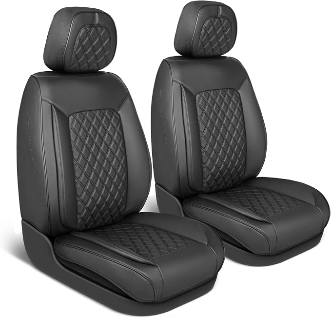 MotorBox Elite Edition Faux Leather Seat Covers for Cars, Trucks, & SUV - 2 Black Car Seat Covers for Front Seats - Universal Fit Car Accessories Automotive Interior Cover Protector for Most Vehicles