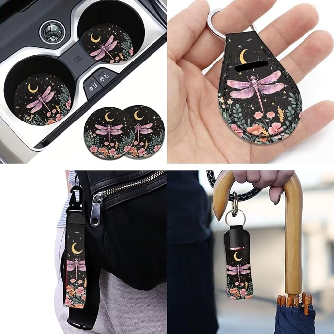 12 Pack Car Seat Covers Dragonfly with Moon and Stars Seat Cover for Cars，Universal Fit Cottagecore Style Auto Steering Wheel Cover Seatbelt Keychain Cup Coaster for Drink，Auto Interior Set