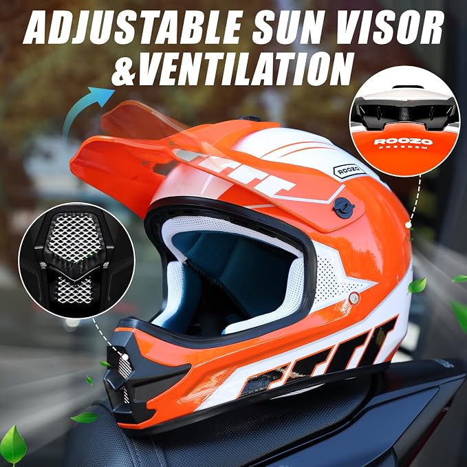 Youth Dirt Bike Helmet DOT Approved, Kids Motocross Full Face Helmet with Adjustable Goggles Riding Gloves & Storage Bag, Off-Road Sport Gear Set for Boys Girls ATV UTV