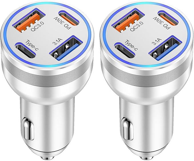 [2-Pack] Car Charger USB C, 4 in 1 65W Fast Charging 4-Port Dual USBC & USB A Car Phone Charger Cargador Carro Lighter Adapter for iPhone 17 16 15 14 13 12 Pro Max, iPad, Samsung,Tablet, Android