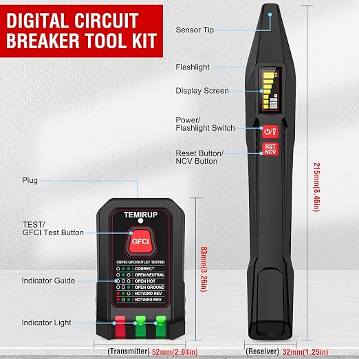 Circuit Breaker Finder Tool Kit with GFCI Outlet Tester, 90-135V Electrical Circuit Tracer Tool with Color LCD, NCV Test & Flashlight, Includes Light Socket Adapter, 3-2 Prong Grounding & Clip Adapter