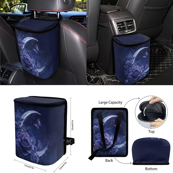 Deep Purple Moon Butterfly Car Seat Covers Full Set 15 Pcs Universal Car Accessories Steering Wheel Cover Seat Belt Pads Garbage Bag Car Headrest Pillow Covers Armrest Pad