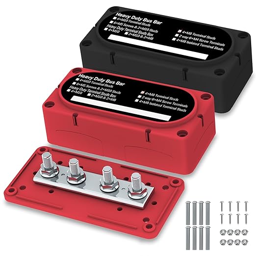 Heavy Duty Bus Bar 300A 12V Power Distribution Block with 5/16" (M8) 4-Posts Terminals Block with Cover for Automotive, Marine, Battery System (Black & Red)