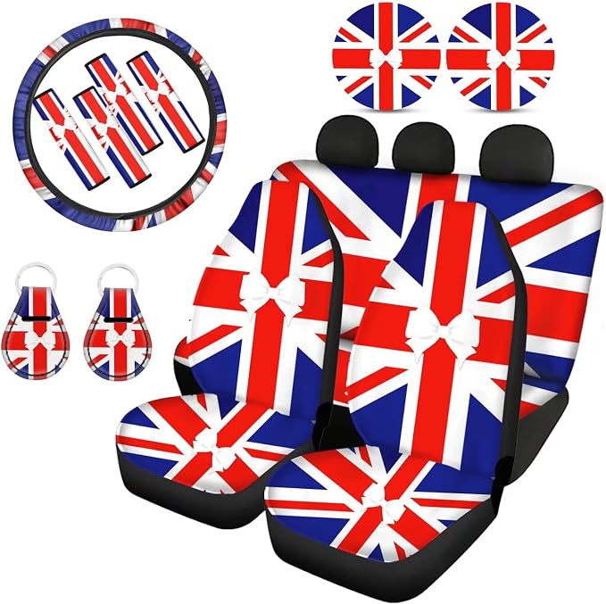 Howilath 13 Pieces Car Accessories Set with British Flag Pattern Seat Covers Full Set,Seatbelt Covers,Steering Wheel Covers,Coasters,Keyrings Universal Fit for Cars Trucks Suvs Vans