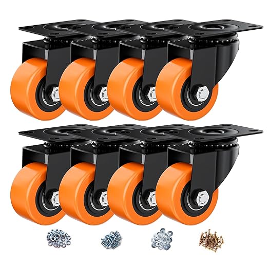 2.5" Swivel Plate Casters Set of 8 Heavy Duty 800 lbs | Orange PU, Non-Marking, Quiet. 800 Lbs/4 Casters. No Brake - Continuous Rolling. Black Rustproof Bracket. Workshop, Garage