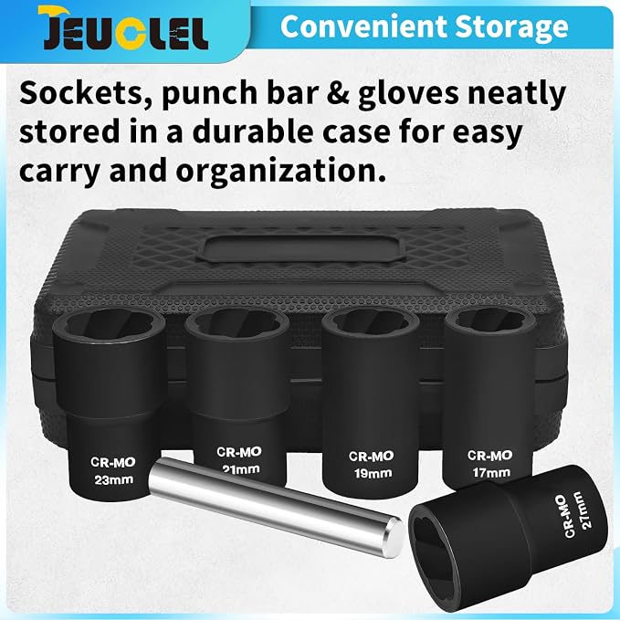 6PCS Twist Lug Nut Socket Set - 1/2 inch Drive Damaged Nut Lock Remover Extractor - Rusted & Stubborn Locking Nut Removal Tool Kit with 17mm 19mm 21mm 23mm 27mm Sockets & Center Punch Bar