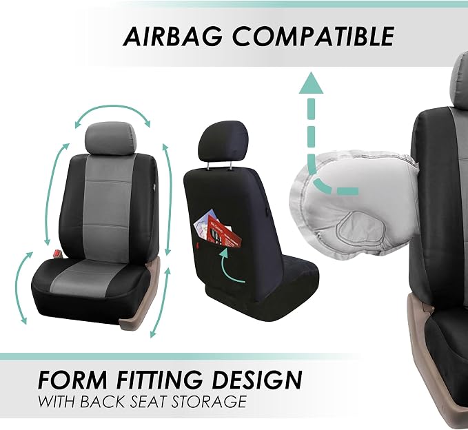 FH Group Car Seat Cover Airbag Compatible Full Set Gray Black Premium PU Leather - Split Bench Combo Vinyl Floor Mats Seat Covers Interior Accessories Universal Fit for Cars Trucks SUV