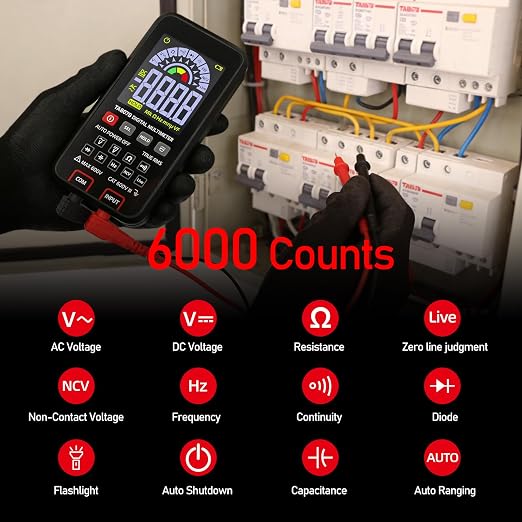 Digital Multimeter 6000 Counts Amp Voltage Tester Auto-Ranging with Backlit Screen, Measures AC/DC Voltage Current Resistance Capacitance Continuity Diode Live Wire Test NCV for Automotive, Household