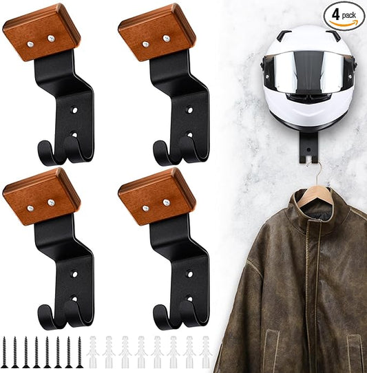 CroBlissful 4 Pcs Motorcycle Helmet Holder Wall Mount Helmet Hanger Hooks Motorcycle Gear Rack for Football Sports Accessory (Classic,Wood)