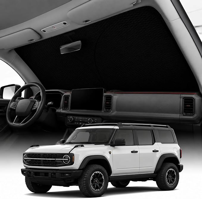 REEVAA 2026 3rd Pro Windshield Sunshade for 2021-2025 Ford Bronco | Dual-Layer Heat & Sun Defense, OEM Design | Foldable Sun Shade Car Accessories with Storage Bag